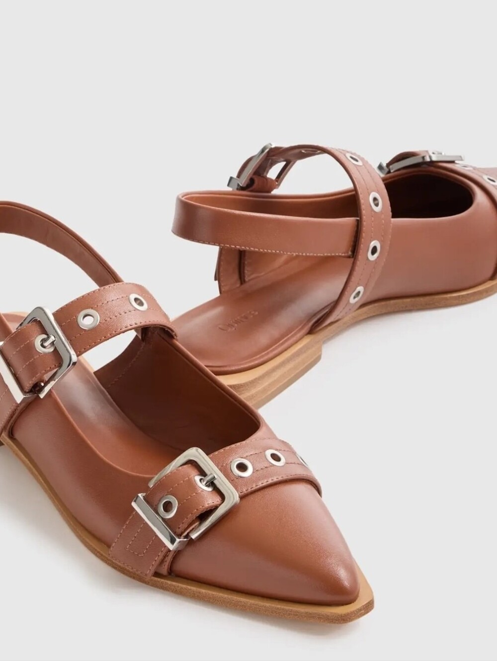 Quince Cognac Leather Pointed-Toe Buckle Mules